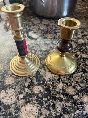 Brass Tartan Accent Candlestick Pair - Classic Home Accent
